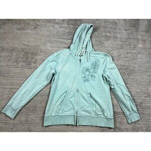 Paradise Shores Hoodie Women L Blue Fountain Full Zip Floral Tropical 6167007